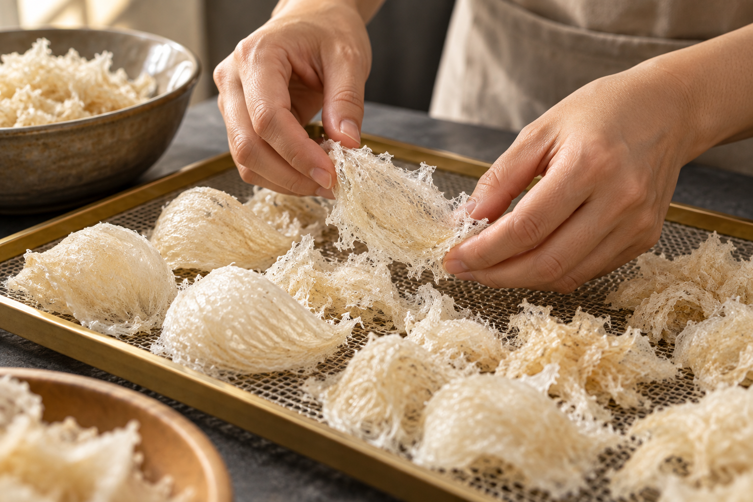 Hands carefully arranging natural bird's nest pieces on a mesh tray