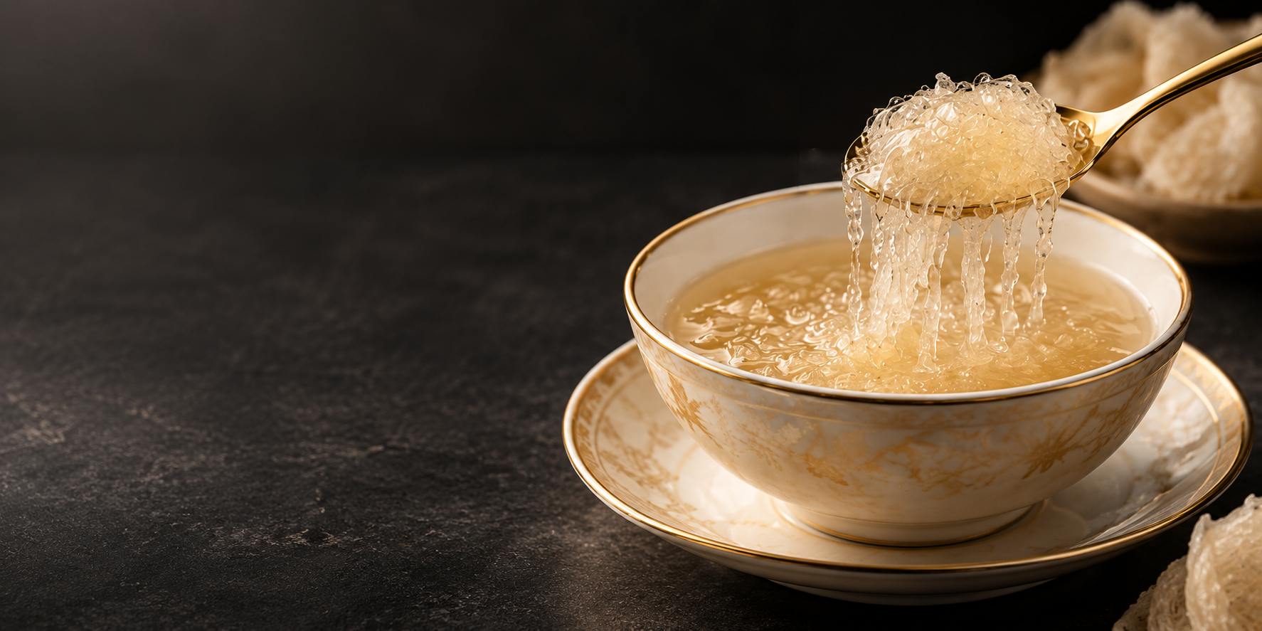A gold spoon lifting translucent bird's nest strands from an ivory bowl